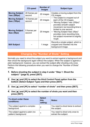 Page 18411Creating a Dynamic Photo Image
Normally you need to shoot the subject you want to extract against a background and 
then shoot the background again without the subject. When the subject is against a 
plain background, however, you can extract the subject after shooting only once. 
Perform the following procedure when you want to change the “Number of Shots” 
setting.
1.Before shooting the subject in step 4 under “Step 1: Shoot the 
subject.” (page 6), press [SET].
2.Use [8] and [2] to select the third...