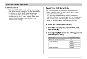 Page 114114
OTHER RECORDING FUNCTIONS
 IMPORTANT! 
• Note that BEST SHOT mode settings take priority
over mode memory settings. If you turn the camera
off while in the BEST SHOT mode, all settings
except for “Zoom Position” will be configured
according to the BEST SHOT sample scene when
you turn it back on again, regardless of mode
memory on/off settings.Specifying ISO Sensitivity
You can change the ISO sensitivity setting for better
images in places where lighting is dim or when you are
using faster shutter...