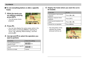 Page 127127
PLAYBACK
To do this:
Cut everything before a
specific frame
Cut everything after a specific
frame
Exit the cut mode
Select this setting:
 Cut
 Cut
Cancel
To cut everything before or after a specific
frame
1.While the movie you
are editing is playing,
press [SET].
• This will pause movie
playback.
2.Press [].
• You can also display the same screen while in the
PLAY mode, by pressing [MENU], selecting the
“PLAY” tab, selecting “Movie Editing”, and then
pressing [].
3.Use [] and [] to select the...