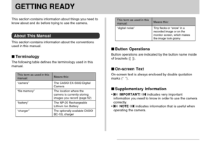 Page 22GETTING READY
22
GETTING READY
This term as used in thismanual:
“camera”
“file memory”
“battery”
“charger”
Means this:
The CASIO EX-S500 DigitalCamera
The location where the
camera is currently storing
images you record (page 52)
The NP-20 Rechargeable
Lithium Ion Battery
The optionally available CASIO
BC-10L charger
 Button Operations
Button operations are indicated by the button name inside
of brackets ([  ]).
 On-screen Text
On-screen text is always enclosed by double quotation
marks (“  ”).
...