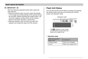 Page 63BASIC IMAGE RECORDING
63
 IMPORTANT! 
Note the following important points when using red-
eye reduction.
Red-eye reduction does not work unless the people
in the image are looking directly at the camera during
the pre-flash. Before pressing the shutter button, call
out to the subjects so they all look at the camera
while the pre-flash operation is performed.
Red-eye reduction may not work very well if the
subjects are located far away from the camera.Flash Unit Status
You can find out the current flash...