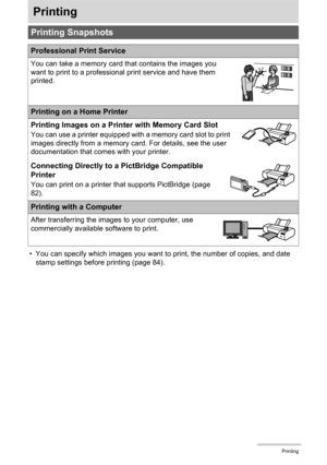 Page 8181Printing
Printing
• You can specify which images you want to print, the number of copies, and date 
stamp settings before printing (page 84).
Printing Snapshots
Professional Print Service
You can take a memory card that contains the images you 
want to print to a professional print service and have them 
printed.
Printing on a Home Printer
Printing Images on a Printer with Memory Card Slot
You can use a printer equipped with a memory card slot to print 
images directly from a memory card. For details,...