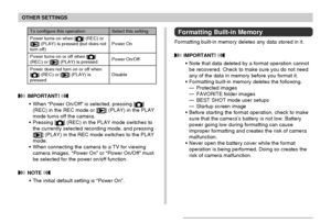 Page 167OTHER SETTINGS
167
Select this setting:
Power On
Power On/Off
Disable
To configure this operation:
Power turns on when [
] (REC) or
[] (PLAY) is pressed (but does notturn off)
Power turns on or off when [
](REC) or [] (PLAY) is pressed
Power does not turn on or off when
[
] (REC) or [] (PLAY) is
pressed
 IMPORTANT! 
•When “Power On/Off” is selected, pressing []
(REC) in the REC mode or [] (PLAY) in the PLAY
mode turns off the camera.
•Pressing [
] (REC) in the PLAY mode switches to
the currently selected...