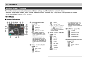 Page 26GETTING READY
26
Monitor Screen Contents
The monitor screen uses various indicators and icons to keep you informed of the camera’s status.
Note that the example screens in this chapter are for illustrative purposes only. They do not exactly match the screen
contents actually produced on the camera.
REC Mode
Screen Indicators
InfinityManual Focus
When you select Auto Focus
with Key Customize (page
112), 
 appears only
briefly, and then disappears
from the display.
3White balance indicator
(page 81)...