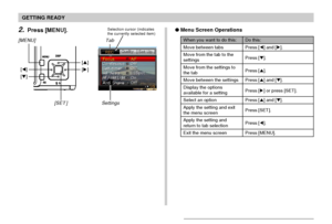 Page 45GETTING READY
45
Menu Screen Operations
When you want to do this:
Move between tabs
Move from the tab to the
settings
Move from the settings to
the tab
Move between the settings
Display the options
available for a setting
Select an option
Apply the setting and exit
the menu screen
Apply the setting and
return to tab selection
Exit the menu screen
Do this:
Press [] and [].
Press [].
Press [].
Press [] and [].
Press [] or press [SET].
Press [] and [].
Press [SET].
Press [].
Press [MENU].
2.Press...