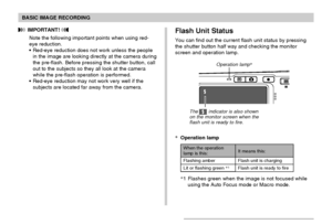 Page 62BASIC IMAGE RECORDING
62
 IMPORTANT! 
Note the following important points when using red-
eye reduction.
Red-eye reduction does not work unless the people
in the image are looking directly at the camera during
the pre-flash. Before pressing the shutter button, call
out to the subjects so they all look at the camera
while the pre-flash operation is performed.
Red-eye reduction may not work very well if the
subjects are located far away from the camera.Flash Unit Status
You can find out the current flash...