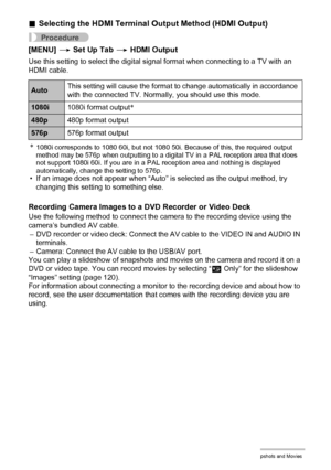 Page 119119Viewing Snapshots and Movies
.Selecting the HDMI Terminal Output Method (HDMI Output)
Procedure
[MENU] * Set Up Tab * HDMI Output
Use this setting to select the digital signal format when connecting to a TV with an 
HDMI cable.
*1080i corresponds to 1080 60i, but not 1080 50i. Because of this, the required output 
method may be 576p when outputting to a digital TV in a PAL reception area that does 
not support 1080i 60i. If you are in a PAL reception area and nothing is displayed 
automatically,...