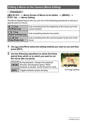 Page 124124Other Playback Functions (PLAY)
Procedure
[p] (PLAY) * Movie Screen of Movie to be Edited * [MENU] * 
PLAY Tab * Movie Editing
The Movie Editing feature lets you use one of the following procedures to edit out a 
specific part of a movie.
1.Use [8] and [2] to select the editing method you want to use and then 
press [SET].
2.Use the following operations to select the frame 
(point) from which or to which you want to cut 
the movie (the cut point).
Editing a Movie on the Camera (Movie Editing)
 Cut...