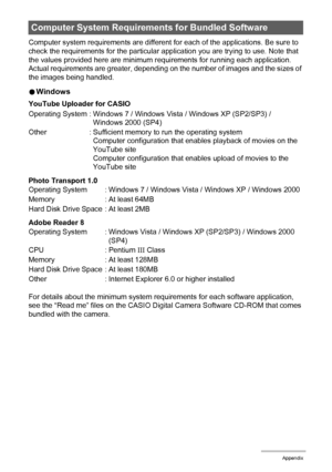 Page 184184Appendix
Computer system requirements are different for each of the applications. Be sure to 
check the requirements for the particular application you are trying to use. Note that 
the values provided here are minimum requirements for running each application. 
Actual requirements are greater, depending on the number of images and the sizes of 
the images being handled.
0Windows
YouTube Uploader for CASIO
Photo Transport 1.0
Adobe Reader 8
For details about the minimum system requirements for each...