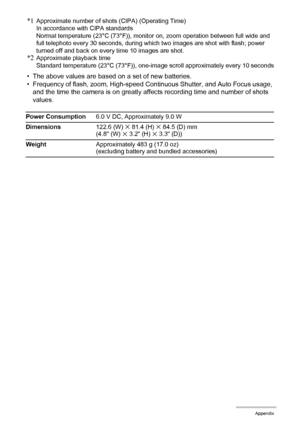 Page 175175Appendix
*1Approximate number of shots (CIPA) (Operating Time)
In accordance with CIPA standards
Normal temperature (23°C (73°F)), monitor on, zoom operation between full wide and 
full telephoto every 30 seconds, during which two images are shot with flash; power 
turned off and back on every time 10 images are shot.
*2Approximate playback time 
Standard temperature (23°C (73°F)), one-image scroll approximately every 10 seconds
• The above values are based on a set of new batteries.
• Frequency of...