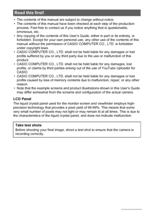 Page 33
• The contents of this manual are subject to change without notice.
• The contents of this manual have been checked at each step of the production 
process. Feel free to contact us if you notice anything that is questionable, 
erroneous, etc.
• Any copying of the contents of this User’s Guide, either in part or its entirety, is 
forbidden. Except for your own personal use, any other use of the contents of this 
manual without the permission of CASIO COMPUTER CO., LTD. is forbidden 
under copyright...