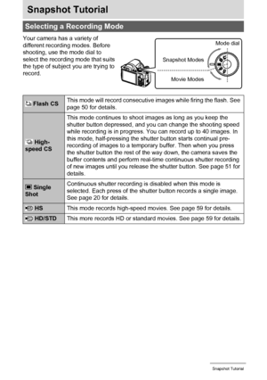 Page 2727Snapshot Tutorial
Snapshot Tutorial
Your camera has a variety of 
different recording modes. Before 
shooting, use the mode dial to 
select the recording mode that suits 
the type of subject you are trying to 
record.
Selecting a Recording Mode
 Flash CSThis mode will record consecutive images while firing the flash. See 
page 50 for details.
 High-
speed CSThis mode continues to shoot images as long as you keep the 
shutter button depressed, and you can change the shooting speed 
while recording is in...