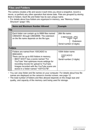 Page 137137Using the Camera with a Computer
The camera creates a file and saves it each time you shoot a snapshot, record a 
movie, or perform any other operation that stores data. Files are grouped by storing 
them in folders. Each file and folder has its own unique name.
• For details about how folders are organized in memory, see “Memory Folder 
Structure” (page 138).
• You can view folder and file names on your computer. For details about how file 
names are displayed on the camera’s monitor screen, see page...