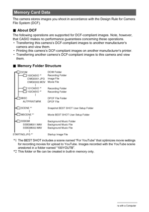 Page 138138Using the Camera with a Computer
The camera stores images you shoot in accordance with the Design Rule for Camera 
File System (DCF).
.About DCF
The following operations are supported for DCF-compliant images. Note, however, 
that CASIO makes no performance guarantees concerning these operations.
• Transferring this camera’s DCF-compliant images to another manufacturer’s 
camera and view them.
• Printing this camera’s DCF-compliant images on another manufacturer’s printer.
• Transferring another...