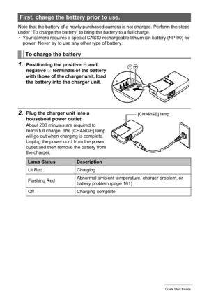 Page 1717Quick Start Basics
Note that the battery of a newly purchased camera is not charged. Perform the steps 
under “To charge the battery” to bring the battery to a full charge.
• Your camera requires a special CASIO rechargeable lithium ion battery (NP-90) for 
power. Never try to use any other type of battery.
1.Positioning the positive +
 and 
negative -
 terminals of the battery 
with those of the charger unit, load 
the battery into the charger unit.
2.Plug the charger unit into a 
household power...