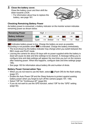 Page 1919Quick Start Basics
3.Close the battery cover.
Close the battery cover and then shift the 
slider towards LOCK.
• For information about how to replace the 
battery, see page 161.
Checking Remaining Battery Power
As battery power is consumed, a battery indicator on the monitor screen indicates 
remaining power as shown below.
 indicates battery power is low. Charge the battery as soon as possible.
Recording is not possible when   is indicated. Charge the battery immediately.
• The level shown by the...