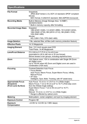 Page 181181Appendix
Specifications
File FormatSnapshots:
JPEG (Exif Version 2.3); DCF 2.0 standard; DPOF compliant
Movies:
MOV format, H.264/AVC standard, IMA-ADPCM (monaural)
Recording MediaBuilt-in Memory (Image Storage Area: 14.5MB*)
SD/SDHC/SDXC
*Built-in memory capacity after formatting
Recorded Image SizesSnapshot:
14M (4320
x3240), 3:2 (4320x2880), 16:9 (4320x2432), 
10M (3648x2736), 6M (2816x2112), 3M (2048x1536), 
VGA (640x480)
Movies:
HD (1280
x720), STD (640x480)
Image Deletion1 file; selected files;...