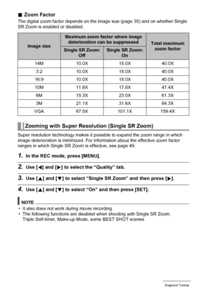 Page 4949Snapshot Tutorial
.Zoom Factor
The digital zoom factor depends on the image size (page 35) and on whether Single 
SR Zoom is enabled or disabled.
Super resolution technology makes it possible to expand the zoom range in which 
image deterioration is minimized. For information about the effective zoom factor 
ranges in which Single SR Zoom is effective, see page 49.
1.In the REC mode, press [MENU].
2.Use [4] and [6] to select the “Quality” tab.
3.Use [8] and [2] to select “Single SR Zoom” and then press...