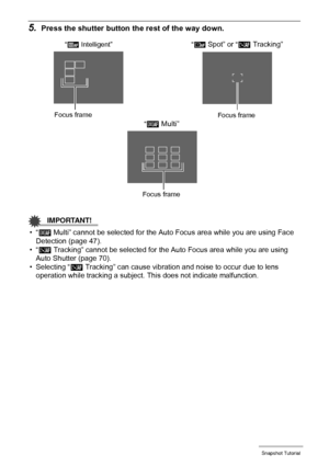 Page 4242Snapshot Tutorial
5.Press the shutter button the rest of the way down.
IMPORTANT!
•“È Multi” cannot be selected for the Auto Focus area while you are using Face 
Detection (page 47).
•“Ë
 Tracking” cannot be selected for the Auto Focus area while you are using 
Auto Shutter (page 70).
• Selecting “Ë
 Tracking” can cause vibration and noise to occur due to lens 
operation while tracking a subject. This does not indicate malfunction.
“Û Spot” or “Ë Tracking”
“È Multi”Focus frame
Focus frame
“Ò...