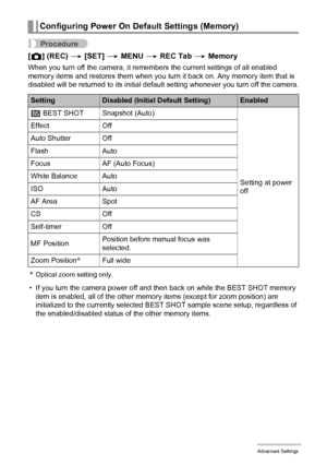 Page 7474Advanced Settings
Procedure
[r] (REC) * [SET] * MENU * REC Tab * Memory
When you turn off the camera, it remembers the current settings of all enabled 
memory items and restores them when you turn it back on. Any memory item that is 
disabled will be returned to its initial default setting whenever you turn off the camera.
*Optical zoom setting only.
• If you turn the camera power off and then back on while the BEST SHOT memory 
item is enabled, all of the other memory items (except for zoom position)...