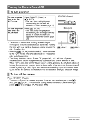 Page 2323Quick Start Basics
• Take care to ensure that nothing is restricting or 
coming into contact with the lens as it extends. Holding 
the lens with your hand so it cannot extend creates the 
risk of malfunction.
•Pressing [p] (PLAY) while in the REC mode switches 
to the PLAY mode. The lens retracts about 10 seconds 
after switching modes.
• The Sleep function or Auto Power Off (pages 140, 141) will turn off power 
automatically if you do not perform any operation for a preset amount of time.
• While “On”...