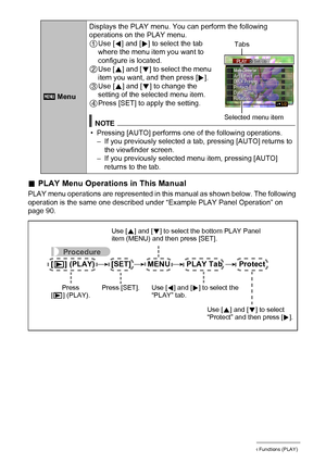 Page 9191Other Playback Functions (PLAY)
.PLAY Menu Operations in This Manual
PLAY menu operations are represented in this manual as shown below. The following 
operation is the same one described under “Example PLAY Panel Operation” on 
page 90.
 MenuDisplays the PLAY menu. You can perform the following 
operations on the PLAY menu.
1Use [4] and [6] to select the tab 
where the menu item you want to 
configure is located.
2Use [8] and [2] to select the menu 
item you want, and then press [6].
3Use [8] and [2]...