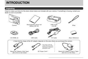 Page 2INTRODUCTION
2
INTRODUCTION
Unpacking
Check to make sure that all of the items shown below are included with your camera. If something is missing, contact your
dealer as soon as possible.
Rechargeable Lithium Ion
Battery (NP-20)USB Cradle
(CA-28)
USB Cable Basic ReferenceCameraStrap
Special AC Adaptor (Inlet Type)
(AD-C51G or AD-C52G)
AC Power Cord *
*The shape of the AC
power cord plug varies
according to country or
geographic area.
aaaaaaaNote that the shape of the AC adaptor depends on the area where...