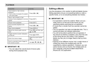 Page 126126
PLAYBACK
 IMPORTANT! 
• You can adjust the volume level of movie audio
during movie playback only.
Editing a Movie
Use the procedure in this section to edit and delete movies.
Editing operations let you cut everything before or after a
specific frame, or to cut everything between two frames.
 IMPORTANT! 
• Cut operations cannot be undone. Make sure you
really want to cut the part of the movie you are
specifying before executing the cut operation.
• A movie that is shorter than five seconds cannot be...