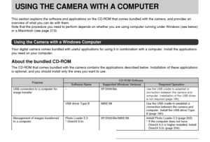 Page 198USING THE CAMERA WITH A COMPUTER
198
USING THE CAMERA WITH A COMPUTER
This section explains the software and applications on the CD-ROM that comes bundled with the camera, and provides an
overview of what you can do with them.
Note that the procedure you need to perform depends on whether you are using computer running under Windows (see below)
or a Macintosh (see page 213).
Using the Camera with a Windows Computer
Your digital camera comes bundled with useful applications for using it in combination...