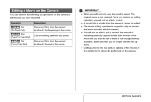 Page 174
174EDITING IMAGES
You can perform the following cut operations on the camera to 
edit movies you have recorded.
IMPORTANT!
•When you edit a movie, only the result is saved. The 
original movie is not retained. Once you perform an editing 
operation, you will not be able to undo it.
• A movie that is shorter than five seconds cannot be edited.
• The movie editing operation is supported only for movies 
that were recorded with this camera.
• You will not be able to edit a movie if the amount of 
remaining...