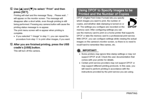 Page 211
211PRINTING
12.Use [S] and [ T] to select “Print” and then 
press [SET].
Printing will start and the message “Busy... Please wait...” 
will appear on the monitor screen. The message will 
disappear after a short while, even though printing is still 
being performed. Pressing any camera button will cause the 
printing status message to re-appear.
The print menu screen will re-appear when printing is 
complete.
• If you selected “1 Image” in step 11, you can repeat the 
procedure from step 11 to print...