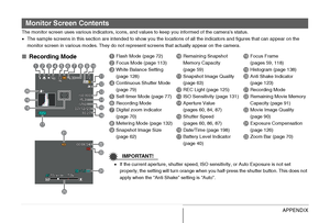 Page 253
253APPENDIX
The monitor screen uses various indicators, icons, and values to keep you informed of the camera’s status.
•The sample screens in this section are intended to show you the locations of all the indicators and figures that can appear on  the 
monitor screen in various modes. They do not represent screens that actually appear on the camera.
Monitor Screen Contents
■ Recording Mode
bp bo
bn
bm
bl
1
234 678 5
br
bs bt ck
9bk
bq
cl
cp
cm
cn
co
1Flash Mode (page 72)
2Focus Mode (page 113)
3White...