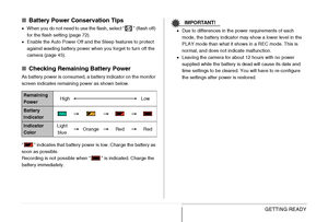 Page 4040GETTING READY
■Battery Power Conservation Tips
•When you do not need to use the flash, select “ ” (flash off) 
for the flash setting (page 72).
•Enable the Auto Power Off and the Sleep features to protect 
against wasting battery power when you forget to turn off the 
camera (page 45).
■Checking Remaining Battery Power
As battery power is consumed, a battery indicator on the monitor 
screen indicates remaining power as shown below.
“ ” indicates that battery power is low. Charge the battery as 
soon as...