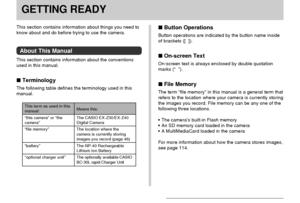 Page 19GETTING READY
19
GETTING READY
This section contains information about things you need to
know about and do before trying to use the camera.
About This Manual
This section contains information about the conventions
used in this manual.
 Terminology
The following table defines the terminology used in this
manual.
 Button Operations
Button operations are indicated by the button name inside
of brackets ([  ]).
 On-screen Text
On-screen text is always enclosed by double quotation
marks (“  ”).
 File...