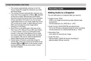 Page 8181
OTHER RECORDING FUNCTIONS
— The camera automatically switches to the Pan
Focus mode (PF) (page 64) whenever you enter
the Movie Mode.
— The camera focuses automatically whenever you
have Auto Focus (page 62) or Macro (
) selected
as the focus mode. Note that the confirmation
tone that sounds during the Auto Focus operation
will be recorded in the audio.If you do not want
confirmation tones in your audio, keep Pan Focus
(PF) as the focus mode, or select Manual Focus
(MF) and manually focus the image...