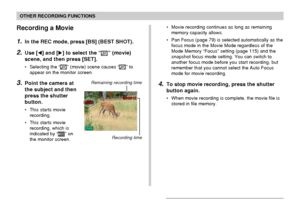 Page 104OTHER RECORDING FUNCTIONS
104
Recording a Movie
1.In the REC mode, press [BS] (BEST SHOT).
2.Use [] and [] to select the “” (movie)
scene, and then press [SET].
• Selecting the “” (movie) scene causes “” to
appear on the monitor screen.
3.Point the camera at
the subject and then
press the shutter
button.
• This starts movie
recording.
• This starts movie
recording, which is
indicated by “
REC” on
the monitor screen.
Remaining recording time
Recording time
• Movie recording continues as long as...