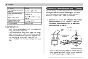 Page 148PLAYBACK
148
Displaying Camera Images on a TV Screen
You can display recorded images on a TV screen and even
use a TV screen to compose images before you record
them. To display camera images on a TV, you need a
television equipped with a video input terminal.
1.Connect one end of the AV cable that comes
with the camera to the camera’s USB/AV
connector, and the other end to the video
input terminal of the TV.
 IMPORTANT! 
• Audio volume can be adjusted only when playback is
being performed or is paused....