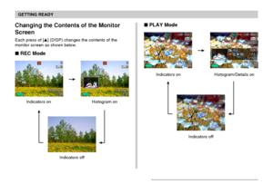 Page 29GETTING READY
29
Indicators on Histogram/Details on
Indicators off
 PLAY Mode
Indicators off Indicators on Histogram on
Changing the Contents of the Monitor
Screen
Each press of [] (DISP) changes the contents of the
monitor screen as shown below.
 REC Mode
Downloaded From camera-usermanual.com Casio Manuals 