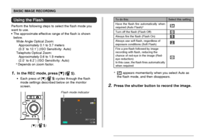 Page 63BASIC IMAGE RECORDING
63
To do this:
Have the flash fire automatically when
required (Auto Flash)*
Turn off the flash (Flash Off)
Always fire the flash (Flash On)
Always use soft flash, regardless of
exposure conditions (Soft Flash)
Fire a pre-flash followed by image
recording with flash, reducing the
chance of red-eye in the image (Red-
eye reduction)
In this case, the flash fires automatically
when required
Select this setting:
* appears momentarily when you select Auto as
the flash mode, and then...