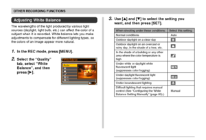 Page 84OTHER RECORDING FUNCTIONS
84
Adjusting White Balance
The wavelengths of the light produced by various light
sources (daylight, light bulb, etc.) can affect the color of a
subject when it is recorded. White balance lets you make
adjustments to compensate for different lighting types, so
the colors of an image appear more natural.
1.In the REC mode, press [MENU].
2.Select the “Quality”
tab, select “White
Balance”, and then
press [].
3.Use [] and [] to select the setting you
want, and then press [SET]....