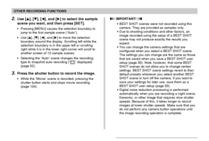 Page 90OTHER RECORDING FUNCTIONS
90
 IMPORTANT! 
•BEST SHOT scenes were not recorded using this
camera. They are provided as samples only.
•Due to shooting conditions and other factors, an
image recorded using the setup of a BEST SHOT
scene may not produce exactly the results you
expect.
•You can change the camera settings that are
configured when you select a BEST SHOT scene.
The settings you can change are the same as those
that are saved when you save a BEST SHOT user
setup (page 93). Note, however, that...