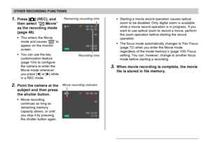 Page 9292
OTHER RECORDING FUNCTIONS
•Starting a movie record operation causes optical
zoom to be disabled. Only digital zoom is available
while a movie record operation is in progress. If you
want to use optical zoom to record a movie, perform
the zoom operation before starting the record
operation.
•The focus mode automatically changes to Pan Focus
(page 72) when you enter the Movie mode,
regardless of the mode memory’s (page 105) Focus
setting. You can, however, change to another focus
mode before starting a...