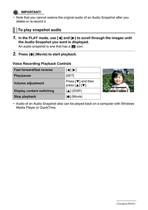 Page 7777Other Playback Functions (PLAY)
IMPORTANT!
• Note that you cannot restore the original audio of an Audio Snapshot after you 
delete or re-record it.
1.In the PLAY mode, use [4] and [6] to scroll through the images until 
the Audio Snapshot you want is displayed.
An audio snapshot is one that has a ˆ icon.
2.Press [0] (Movie) to start playback.
Voice Recording Playback Controls
• Audio of an Audio Snapshot also can be played back on a computer with Windows 
Media Player or QuickTime.
To play snapshot...