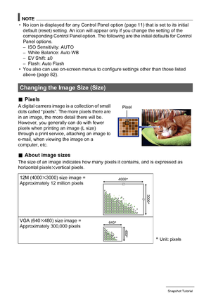 Page 3737Snapshot Tutorial
NOTE
• No icon is displayed for any Control Panel option (page 11) that is set to its initial 
default (reset) setting. An icon will appear only if you change the setting of the 
corresponding Control Panel option. The following are the initial defaults for Control 
Panel options.
– ISO Sensitivity: AUTO
– White Balance: Auto WB
– EV Shift: ±0
– Flash: Auto Flash
• You also can use on-screen menus to configure settings other than those listed 
above (page 82).
.Pixels
A digital camera...