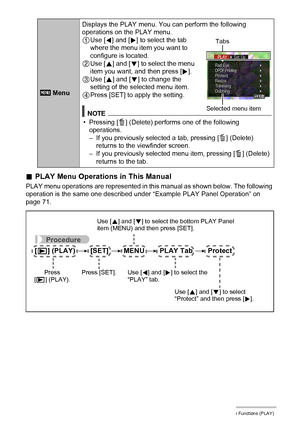 Page 7272Other Playback Functions (PLAY)
.PLAY Menu Operations in This Manual
PLAY menu operations are represented in this manual as shown below. The following 
operation is the same one described under “Example PLAY Panel Operation” on 
page 71.
 MenuDisplays the PLAY menu. You can perform the following 
operations on the PLAY menu.
1Use [4] and [6] to select the tab 
where the menu item you want to 
configure is located.
2Use [8] and [2] to select the menu 
item you want, and then press [6].
3Use [8] and [2]...