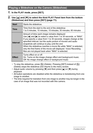 Page 7373Other Playback Functions (PLAY)
1.In the PLAY mode, press [SET].
2.Use [8] and [2] to select the third PLAY Panel item from the bottom 
(Slideshow) and then press [SET] (page 71).
• To stop the slideshow, press [ ] (Delete). Pressing [SET] instead of [ ] 
(Delete) stops the slideshow and returns to the menu screen.
• Adjust audio volume by pressing [2] and then press [8] or [2] during 
playback.
• All button operations are disabled while the slideshow is transitioning from one 
image to another.
• The...