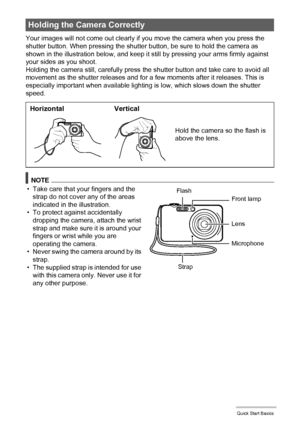 Page 3030Quick Start Basics
Your images will not come out clearly if you move the camera when you press the 
shutter button. When pressing the shutter button, be sure to hold the camera as 
shown in the illustration below, and keep it still by pressing your arms firmly against 
your sides as you shoot.
Holding the camera still, carefully press the shutter button and take care to avoid all 
movement as the shutter releases and for a few moments after it releases. This is 
especially important when available...