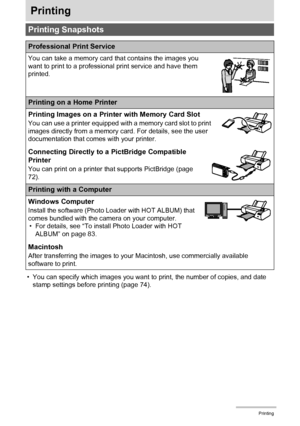 Page 7171Printing
Printing
• You can specify which images you want to print, the number of copies, and date 
stamp settings before printing (page 74).
Printing Snapshots
Professional Print Service
You can take a memory card that contains the images you 
want to print to a professional print service and have them 
printed.
Printing on a Home Printer
Printing Images on a Printer with Memory Card Slot
You can use a printer equipped with a memory card slot to print 
images directly from a memory card. For details,...