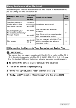 Page 8989Using the Camera with a Computer
Install the required software in accordance with what version of the Macintosh OS 
you are running and what you want to do.
IMPORTANT!
• The camera does not support operation with Mac OS 8.6 or earlier, or Mac OS X 
10.0. Operation is supported with Mac OS 9, X (10.1, 10.2, 10.3, 10.4, 10.5) only. 
Use the standard USB driver that comes with your supported operating system.
.To connect the camera to your computer and save files
1.Turn on the camera and press [MENU]....