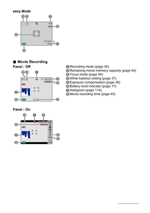 Page 1111
.Movie Recording
easy Mode
Panel : Off
Panel : On
1Recording mode (page 45)
2Remaining movie memory capacity (page 45)
3Focus mode (page 54)
4White balance setting (page 37)
5Exposure compensation (page 39)
6Battery level indicator (page 17)
7Histogram (page 114)
8Movie recording time (page 45)
ck
cm
br8
73bk
6 7
34 1
28
5
6
7
132
45
8
Downloaded From camera-usermanual.com Casio Manuals 